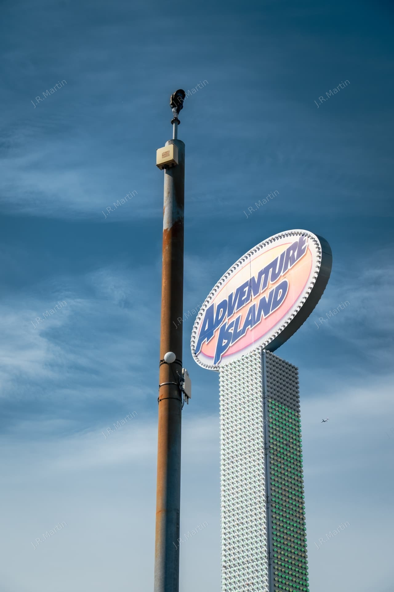 Adventure Island sign against a blue sky, Southend-on-Sea
